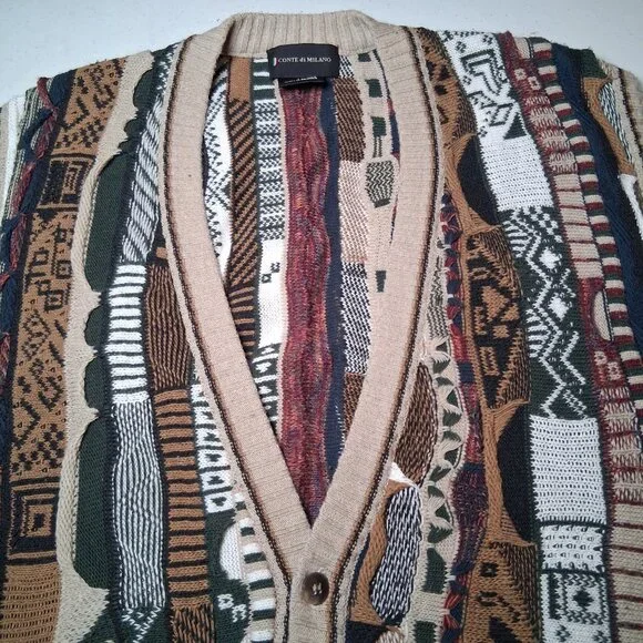 Vintage 1990s Conte di Milano Cardigan Sweater Vest Men Large 3D Knit Button Up